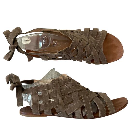 Navyboot Sandals Size 39 Tan Suede Leather Basket Weave Gladiator Ankle Tie - Picture 1 of 13